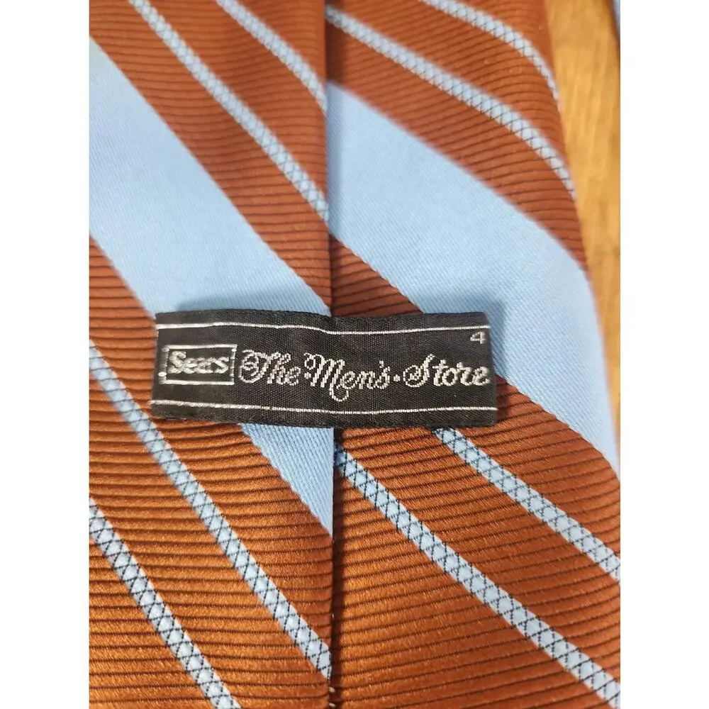Vintage 70s Sears Mens Store Tie Rust Brown Blue Stripe Polyester Necktie